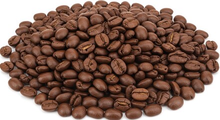 Fototapeta premium A large pile of roasted coffee beans on a white surface filling the frame with a warm brown color