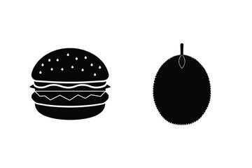 Black Silhouette Illustration Of Burger And Durian Fruit On White Background