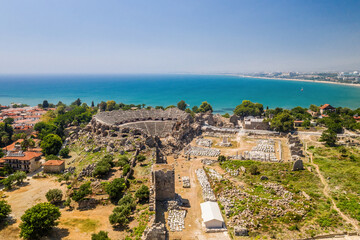 Side Ancient Theatre. Aerial view image of the ancient city and amphitheater of Side in Manavgat,...