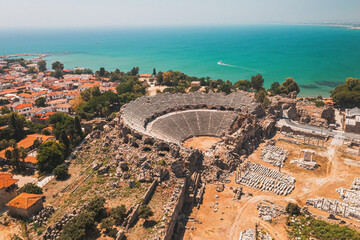 Side Ancient Theatre. Aerial drone image of the ancient city and amphitheater of Side in Antalya, Turkiye.