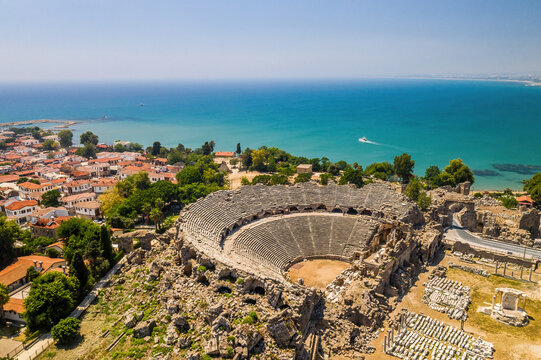 Side Ancient Theatre. Aerial drone image of the ancient city and amphitheater of Side in Antalya, Turkiye.