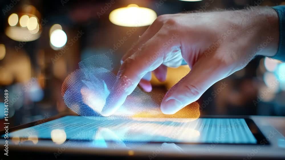 Aufkleber touching a digital screen with glowing effects in a modern setting