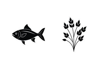 Monochrome Silhouette Of A Fish And Wheat Branch With Leaves Isolated On White