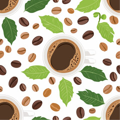Obraz premium Seamless pattern with coffee cups and beans on a white background.