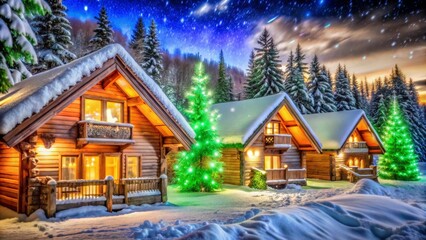 Snow-covered cabins glow warmly at night, nestled in a magical, serene winter wonderland scene