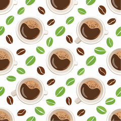 Obraz premium Seamless pattern with coffee cups and beans on a white background.