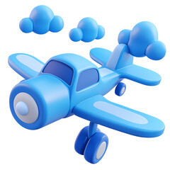 Cute Blue Cartoon Airplane Flying Through Fluffy Clouds 3D Render Childrens Illustration Travel