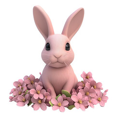 Adorable Pink Bunny Rabbit Sitting Amidst Delicate Spring Blossoms 3D Render