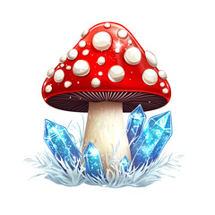 Enchanted Red Mushroom with Glowing Blue Crystals Fantasy Illustration