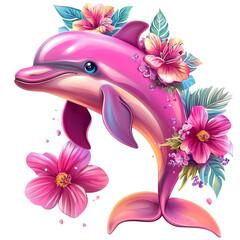 Pink Dolphin with Tropical Flowers Artistic Illustration Aquatic Mammal Floral Design