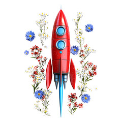 Red Rocket Ship Surrounded by Vibrant Wildflowers Spring Launch Concept Floral Space Exploration