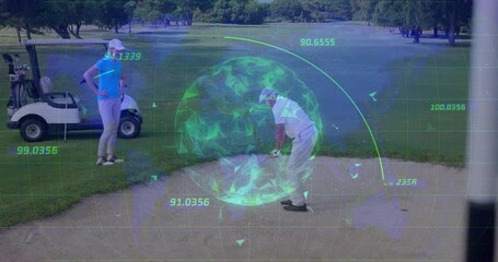 Senior golfer swinging club in bunker, showing technology overlay wireframe sphere and numeric grid - Powered by Adobe
