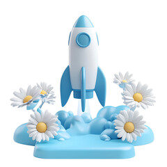 3D Render Blue Rocket Launching from Daisies Spring Startup Concept
