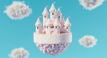 Pink castle floating on marshmallows in a dreamy sky.