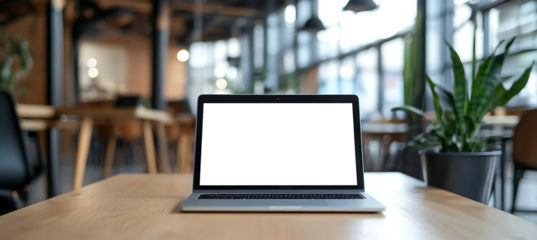 A Laptop with Transparent PNG Screen for Personalized Branding and Advertisement in a Modern Coworking Office Workspace