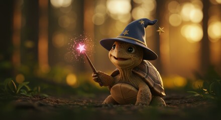 A cute turtle wizard casts a spell in a whimsical forest setting.