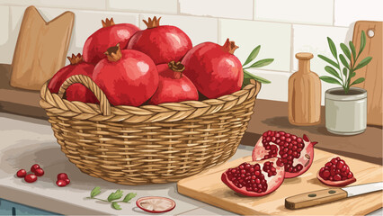 Pomegranate in basket with Pomegranate slice in kitchen vector design, Pomegranate vector design