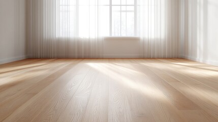 Empty room with sunlight streaming through a window onto a light hardwood floor