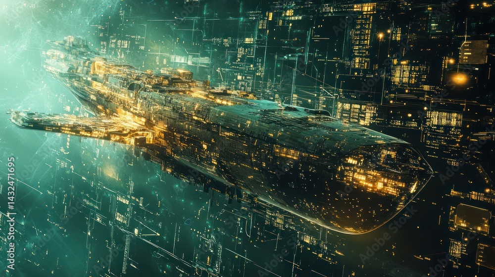Aufkleber futuristic spaceship navigating a cybernetic metropolis in a sci-fi universe