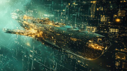 Futuristic Spaceship Navigating a Cybernetic Metropolis in a Sci-Fi Universe