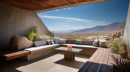 Obraz premium Modern desert patio seating area with mountain views.