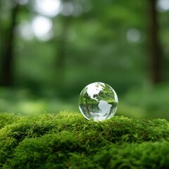 Crystal globe glass on green moss in forest to protect nature Save and care World for sustainable. concept of the environment ecology and Earth Day. eco environment and ESG concept.