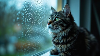 Cat sitting at rainy window looking outside