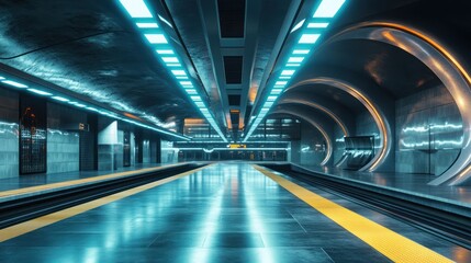 Futuristic subway station design concept with neon lighting and metallic accents