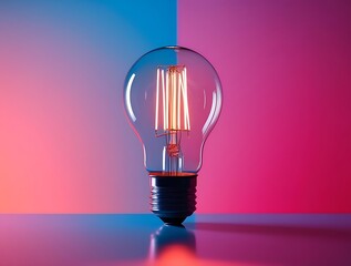Bright illuminated vintage-style light bulb against a colorful split red and blue background, representing creativity, energy, imagination, and visionary thinking in modern design


