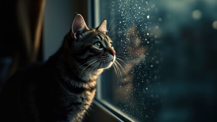 Tabby cat staring out rainy window with reflection