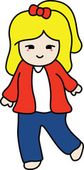 Cute Girl Character with Red Ribbon, Yellow Hair and Colorful Outfit