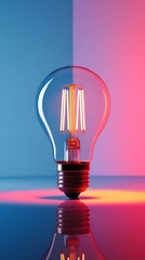 Creative concept image of a glowing light bulb standing on a reflective surface with vibrant red and blue background, symbolizing innovation, inspiration, and new ideas

