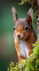 Obraz premium Red squirrel peeking from mossy tree trunk