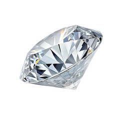 An angled three-to-four perspective view of a single colorless gemstone, highlighting its sharp facets and clarity.