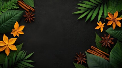 Tropical spice arrangement.  Dark background framed by vibrant leaves and spice