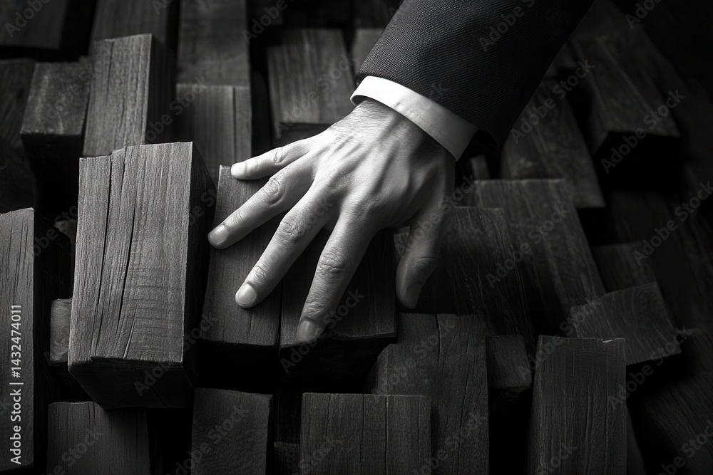 Poster a business professional's hand resting on a stack of wooden blocks in a monochrome setting