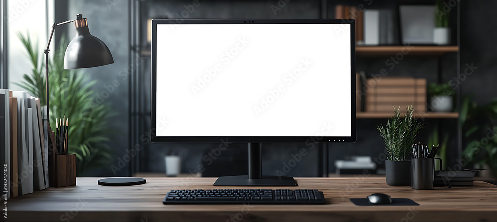 Poster blank png transparent computer led monitor on a clean desk with free copy space for personalized bra