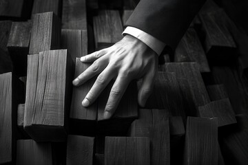 A business professional's hand resting on a stack of wooden blocks in a monochrome setting