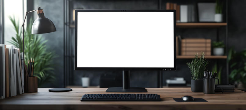 Blank PNG Transparent Computer LED Monitor on a Clean Desk with Free Copy Space for Personalized Branding and Advertisement Use