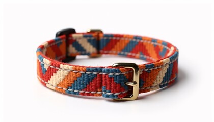 A handwoven pet collar with natural dyes, centered on a white background, with vibrant colors and sharp textures, high detail for pet ads.