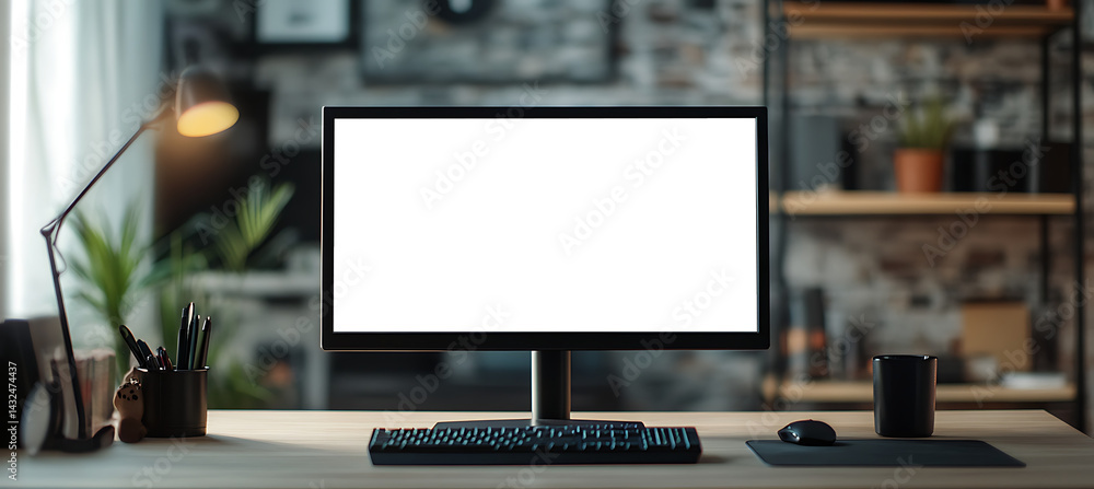 Poster blank png transparent computer led monitor on a clean desk with free copy space for personalized bra