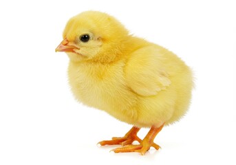 Obraz premium A fluffy yellow chick a symbol of new life and spring standing against a bright white background soft focus pure white backdrop
