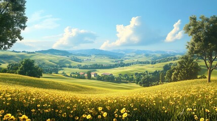 Sunlit Tuscan Fields: Serene Yellow Wildflower Meadow Landscape