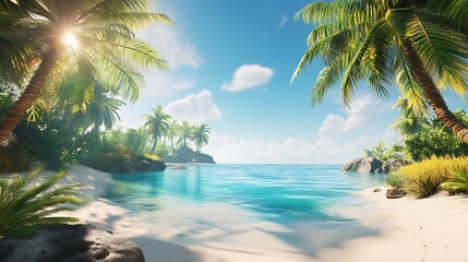 Serene Tropical Beach: Sunlit Palms, Azure Waters, Idyllic Scene
