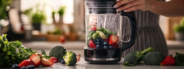 A blender filled with fresh fruits and vegetables, ready for smoothie preparation.