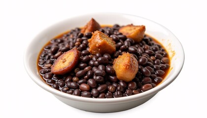 Brazilian Feijoada &acirc;&euro;&ldquo; Black beans, pork, white background, middle, isolated, full HD, rich textures.