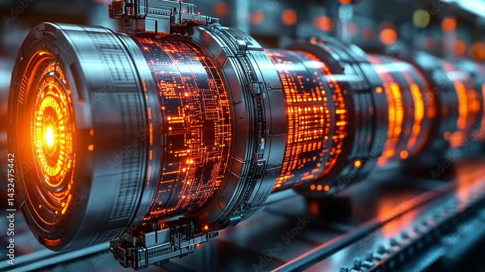 Poster futuristic energy core with glowing circuits in a high-tech laboratory setting