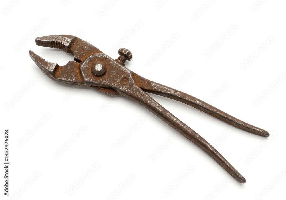 Poster a rusty pair of adjustable pliers lying on a white surface with an open jaw and visible texture