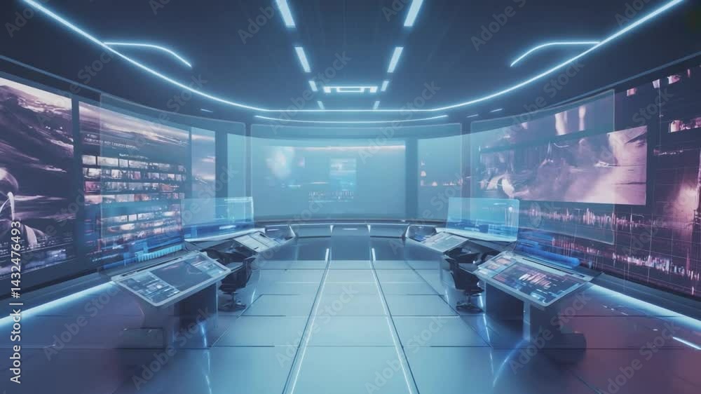 Poster futuristic control room with multiple displays.