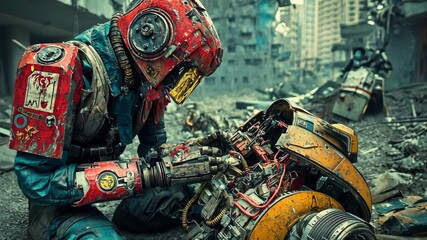 Futuristic mechanic repairing a robot amidst a post-apocalyptic urban landscape - Powered by Adobe